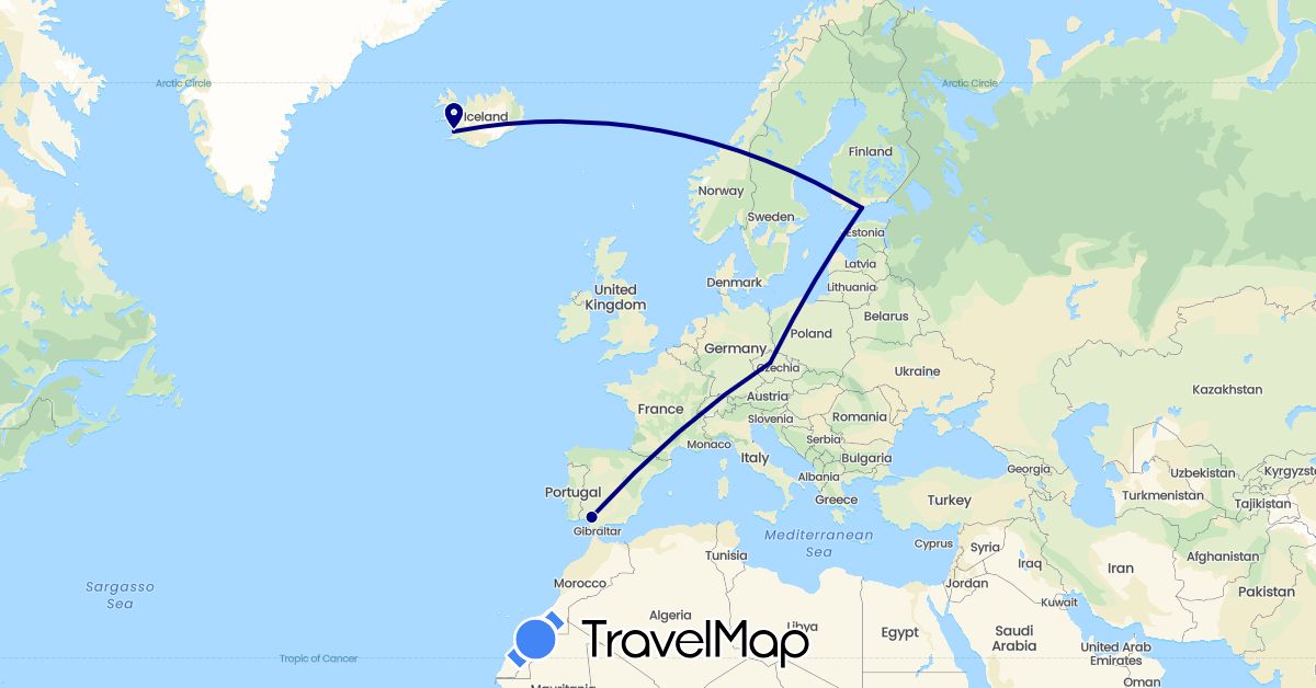 TravelMap itinerary: driving in Czech Republic, Spain, Finland, Iceland (Europe)